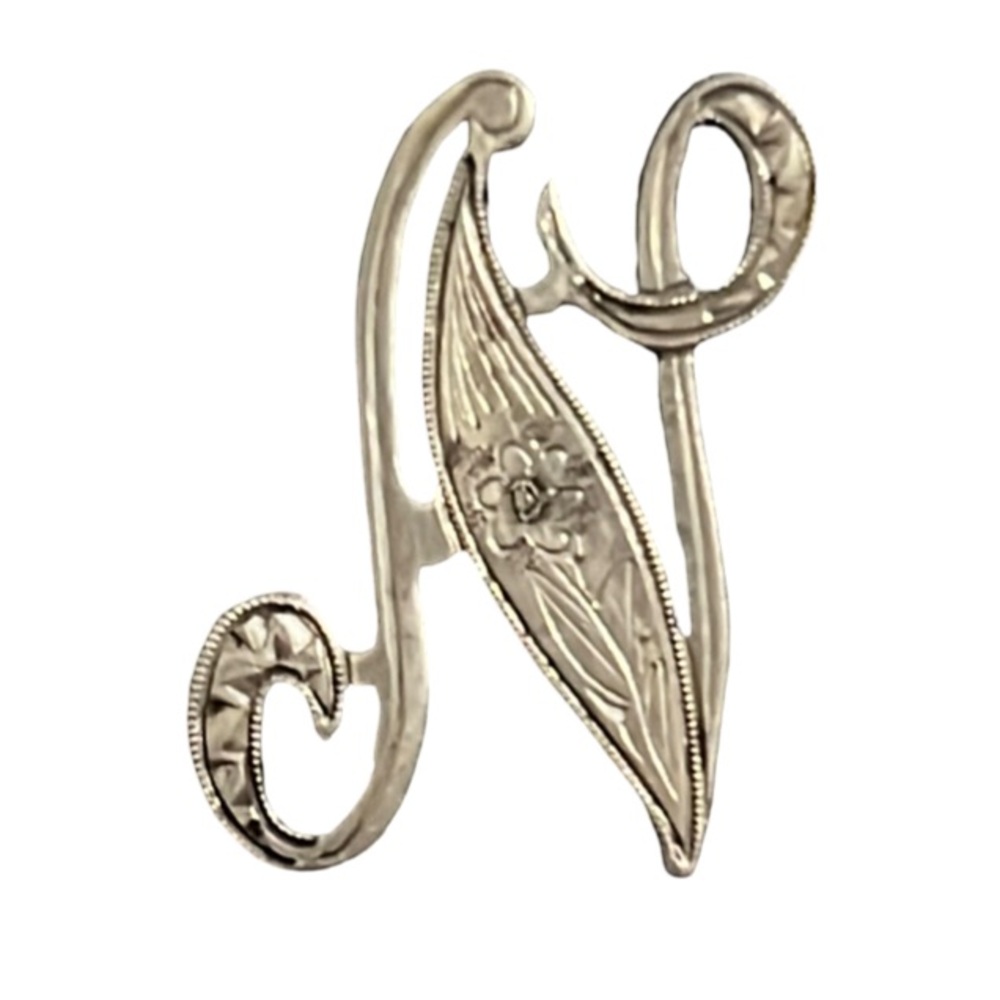 Antique Sterlings Silver Etched N Initial Monogram Brooch